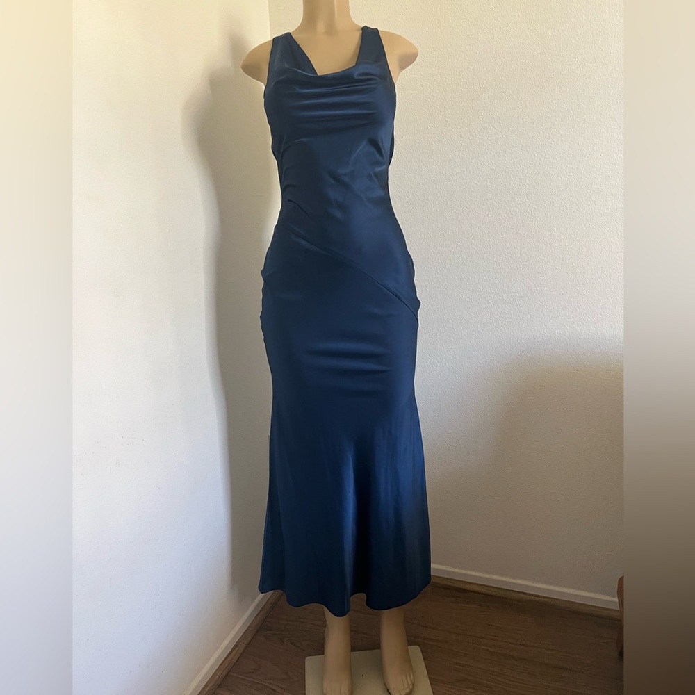 Navy Satin Midi Dress | Open Back Cowl Neck Slip | Formal Wedding Guest Dress